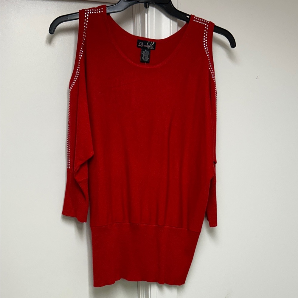 Valentine’s Red Sweater with Studded Details, cold shoulders